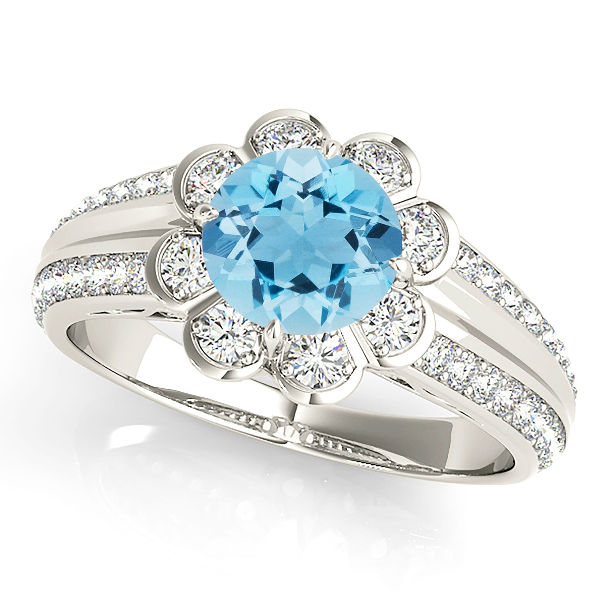 1.10 ct. Genuine Aquamarine Ring With 0.40 ctw. Diamond Floral Halo, Graduating Diamond and Solid Gold Band | Round Blue Aquamarine Halo Ring-VIRABYANI